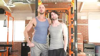 Bound gym whore gets the cum fucked right out of his uncut cock