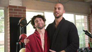 Bound gym whore gets the cum fucked right out of his uncut cock